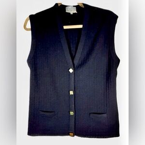 Vintage Petite Marmite Palm Beach Wool Knit Vest Sz 12 Black Gold Buttons